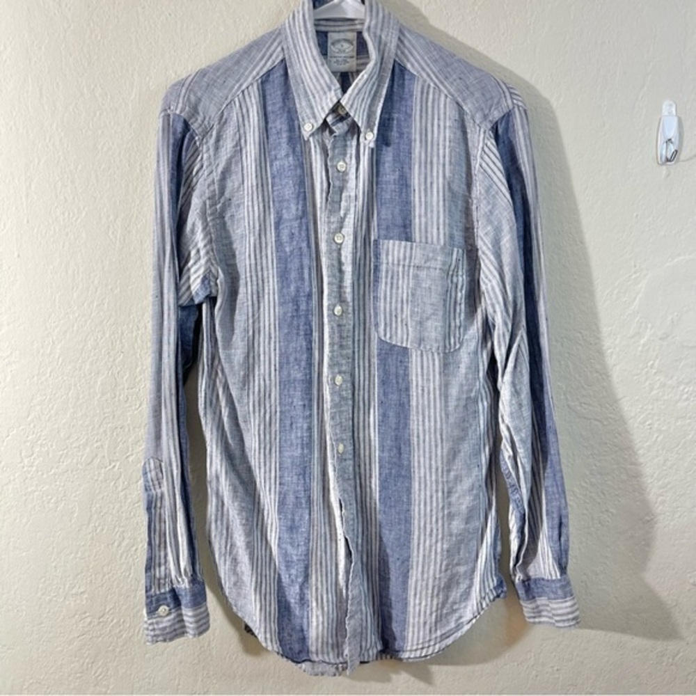 Brooks Brothers 346 Blue Plaid Long Sleeve Linen Shirt Men Size Small Casual